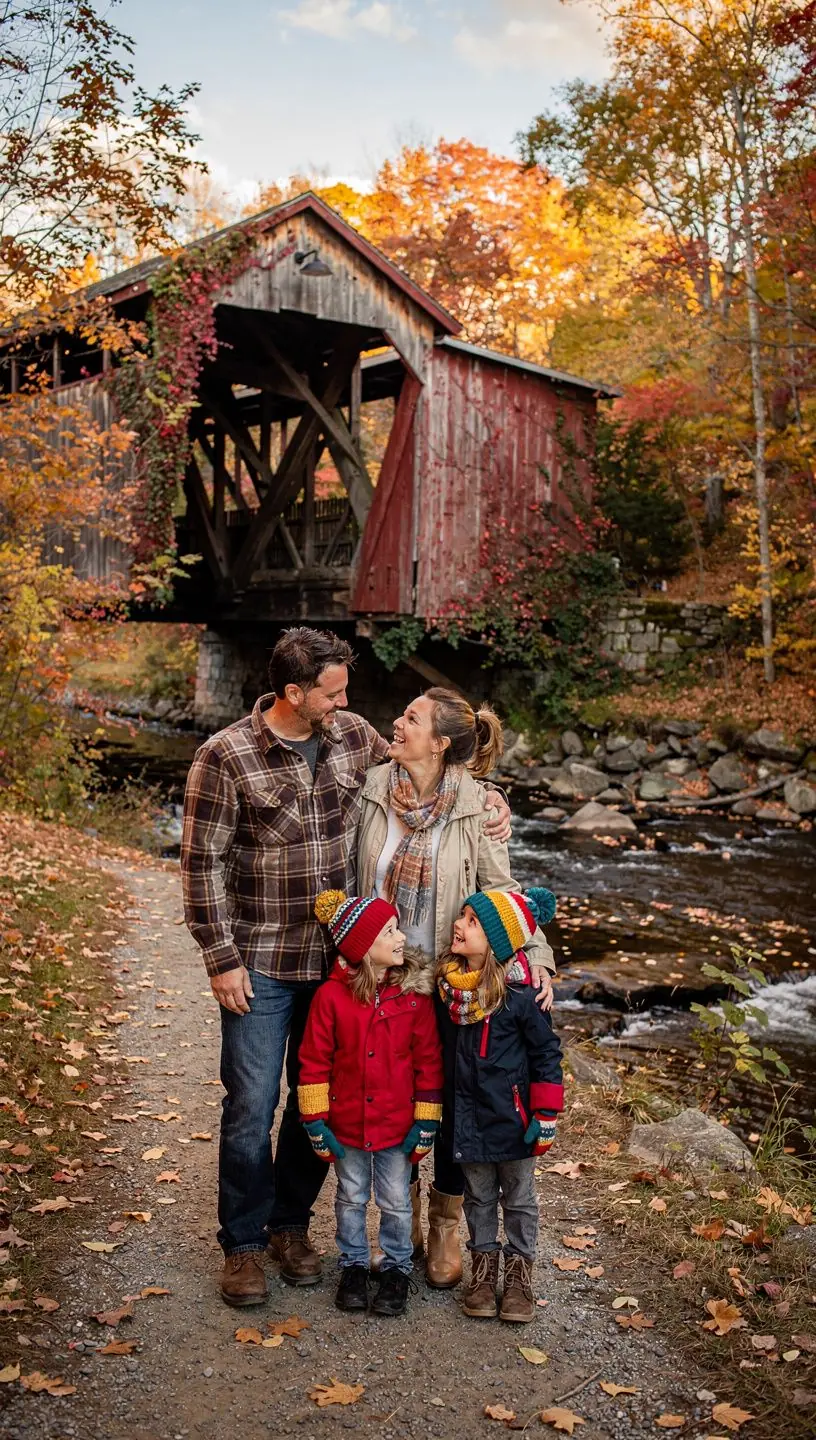 Traveler consulting a flexible weather plan app while overlooking a forested mountain in fall.
